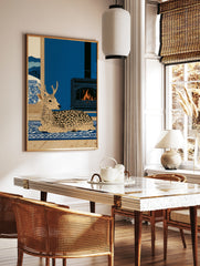 Spotted deer illustration on blue rug with fireplace and snowy mountain window view in a flat, in a styled room mockup