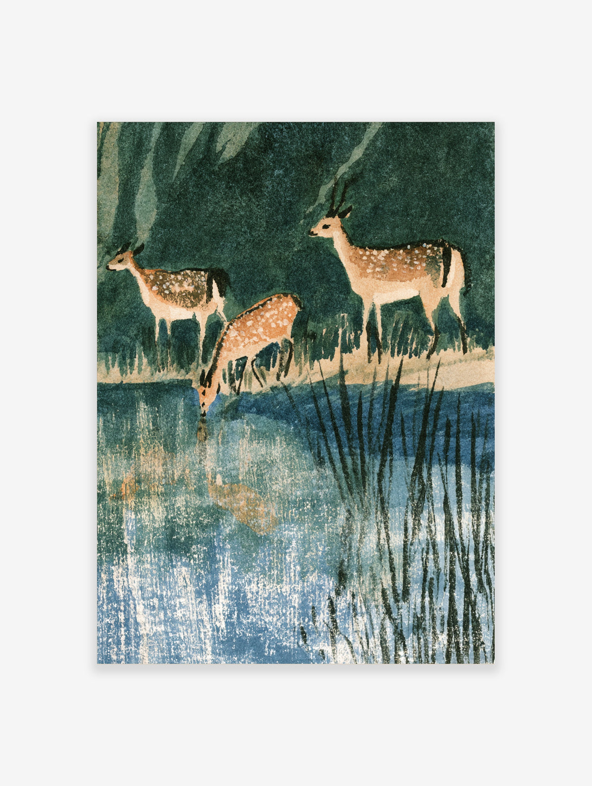 Japanese woodblock style print of three spotted deer beside reeds and blue water with green foliage