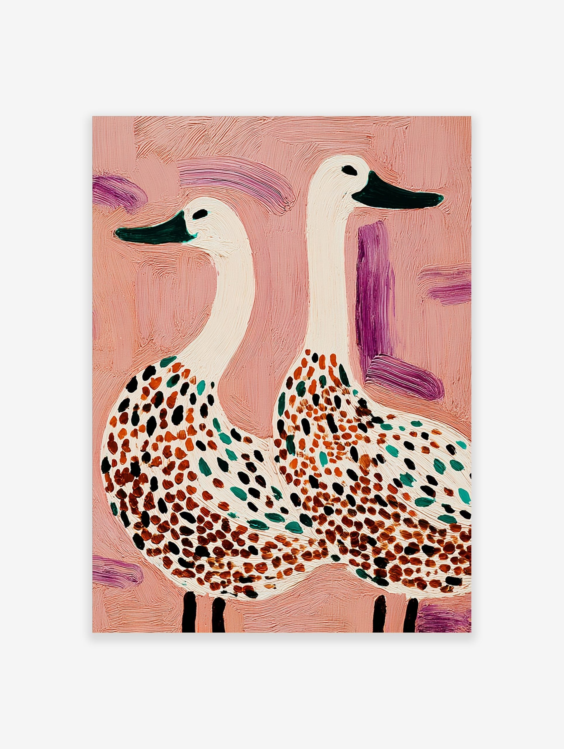 Illustrative wall art of two white spotted geese with green beaks on a textured pink background