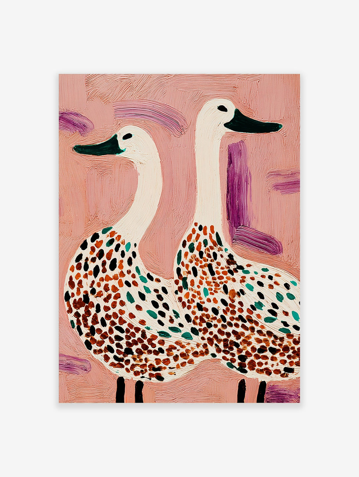 Illustrative wall art of two white spotted geese with green beaks on a textured pink background