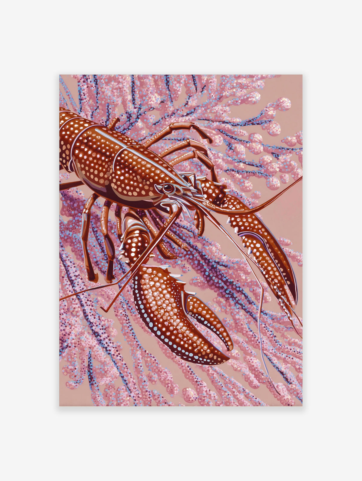 Spotted lobster with white spots and long antennae against pink coral branches, marine art print