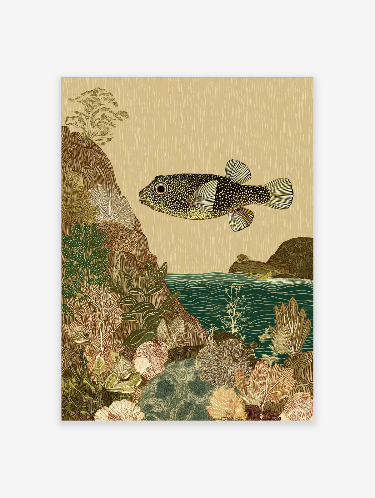 Illustrative art print of a spotted pufferfish swimming over detailed coral and rocky seabed in earth tones