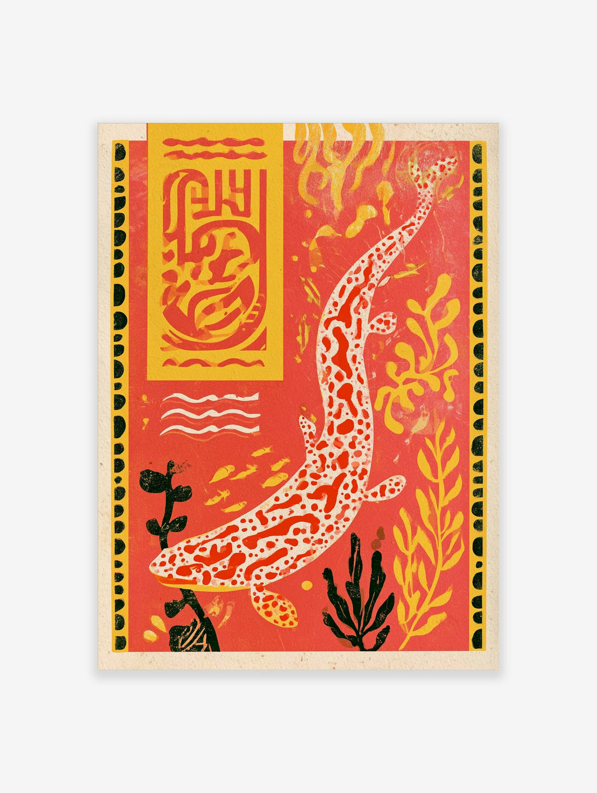 Red and white spotted salamander poster with yellow seaweed and abstract lettering on coral background