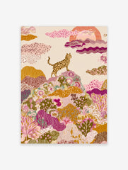 Spotted wild cat on a hill with colourful patterned plants and stylized sun, illustrative art print