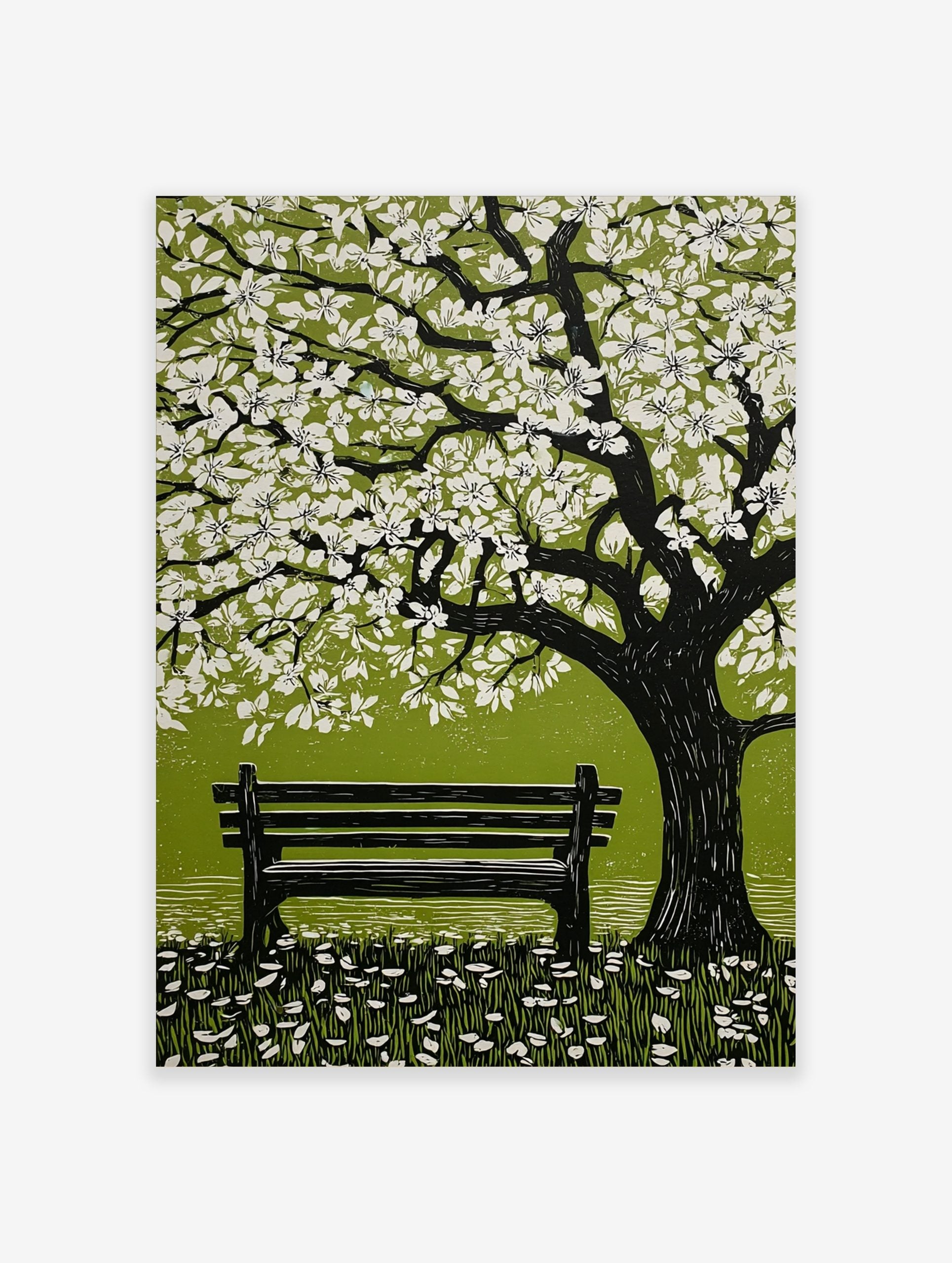 Illustrative spring blossom tree with white flowers, green leaves, and park bench on grass