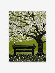 Illustrative spring blossom tree with white flowers, green leaves, and park bench on grass