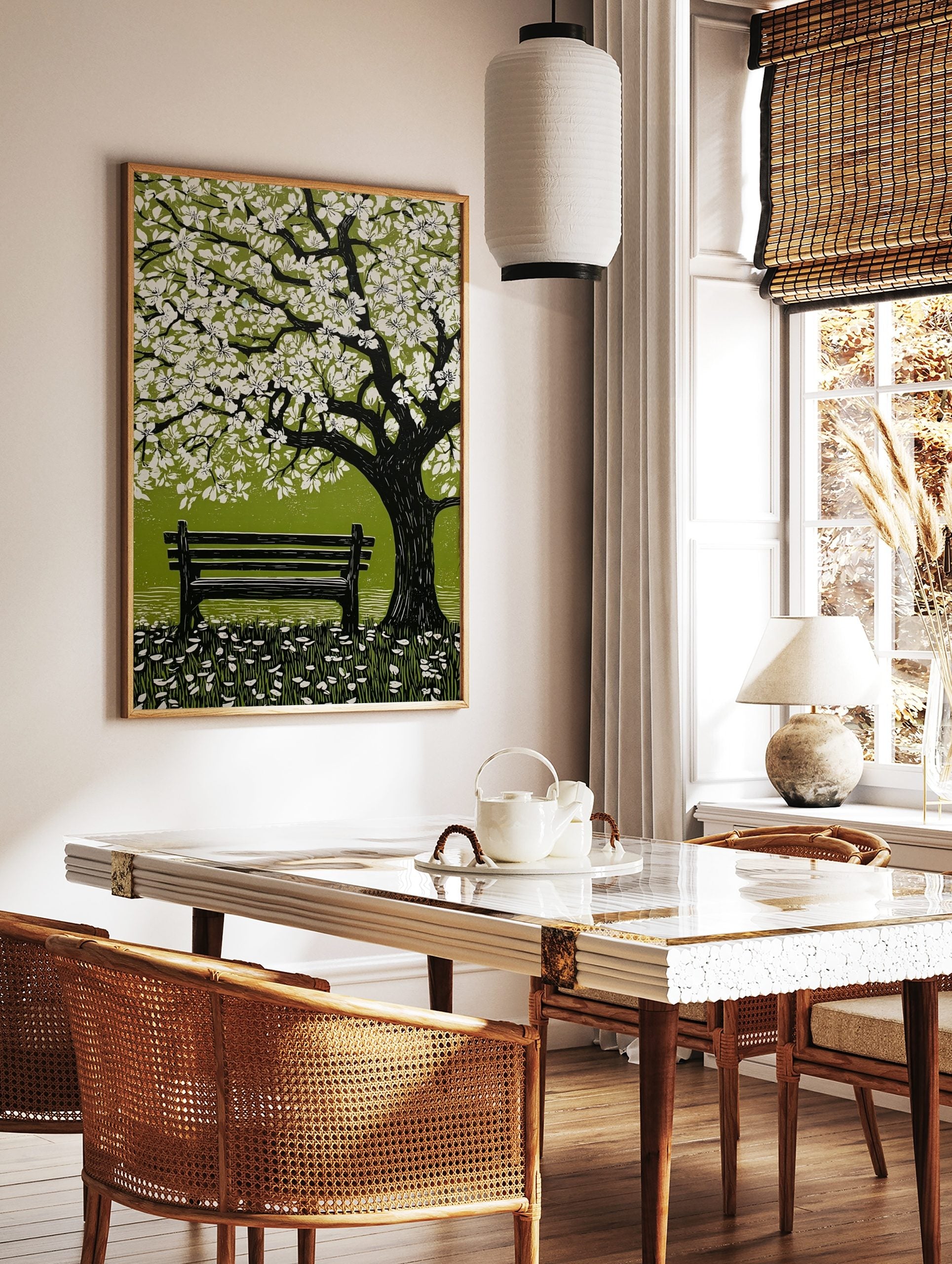 Illustrative spring blossom tree with white flowers, green leaves, and park bench on grass, in a styled room mockup