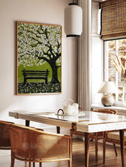 Illustrative spring blossom tree with white flowers, green leaves, and park bench on grass, in a styled room mockup
