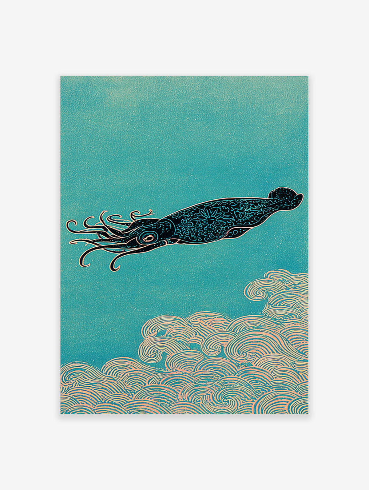 Stylised squid with patterned body and curling tentacles above cream wave motifs on a teal background