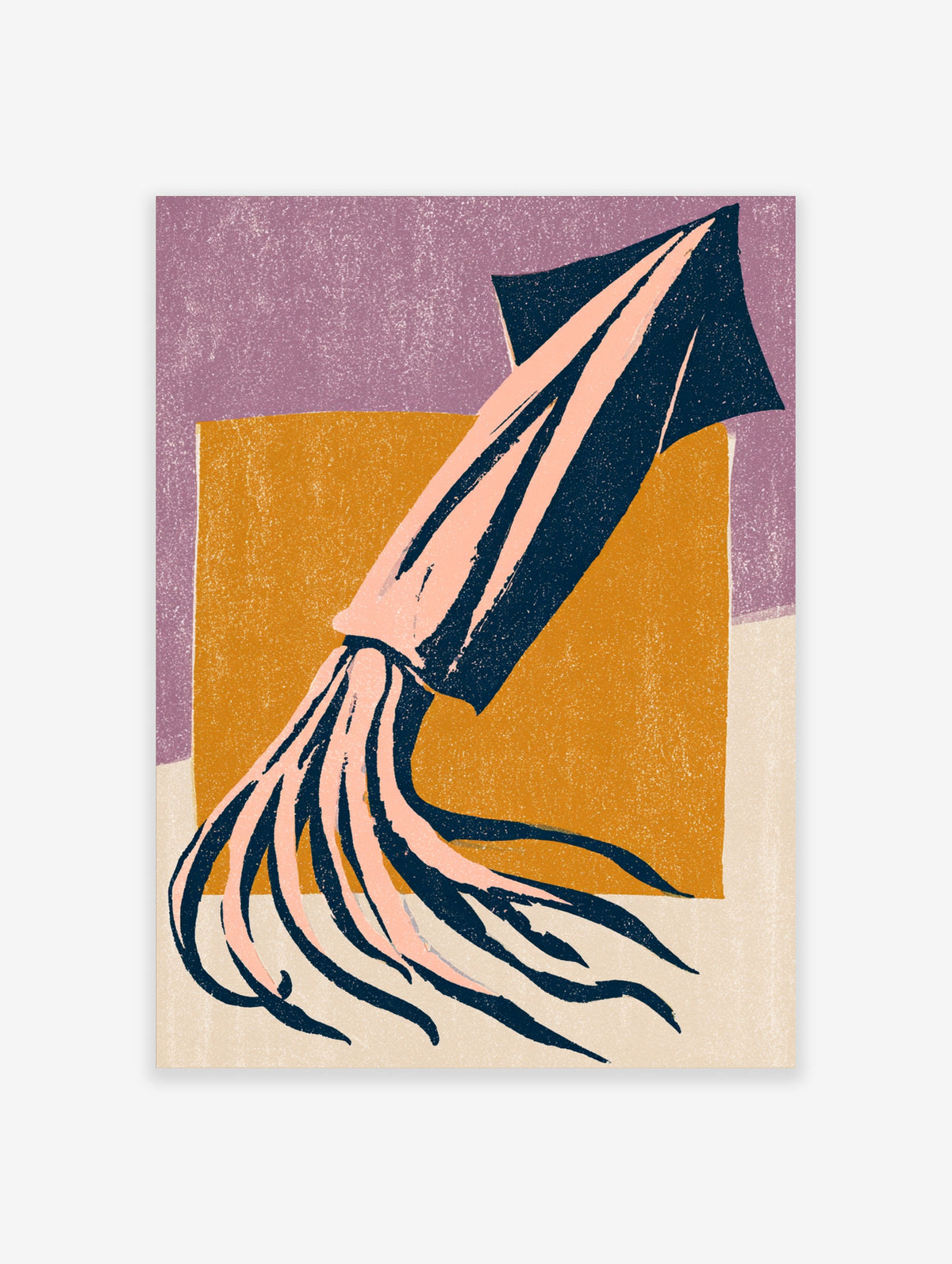 Navy and pink squid illustration on mustard and purple background, modern marine animal art print