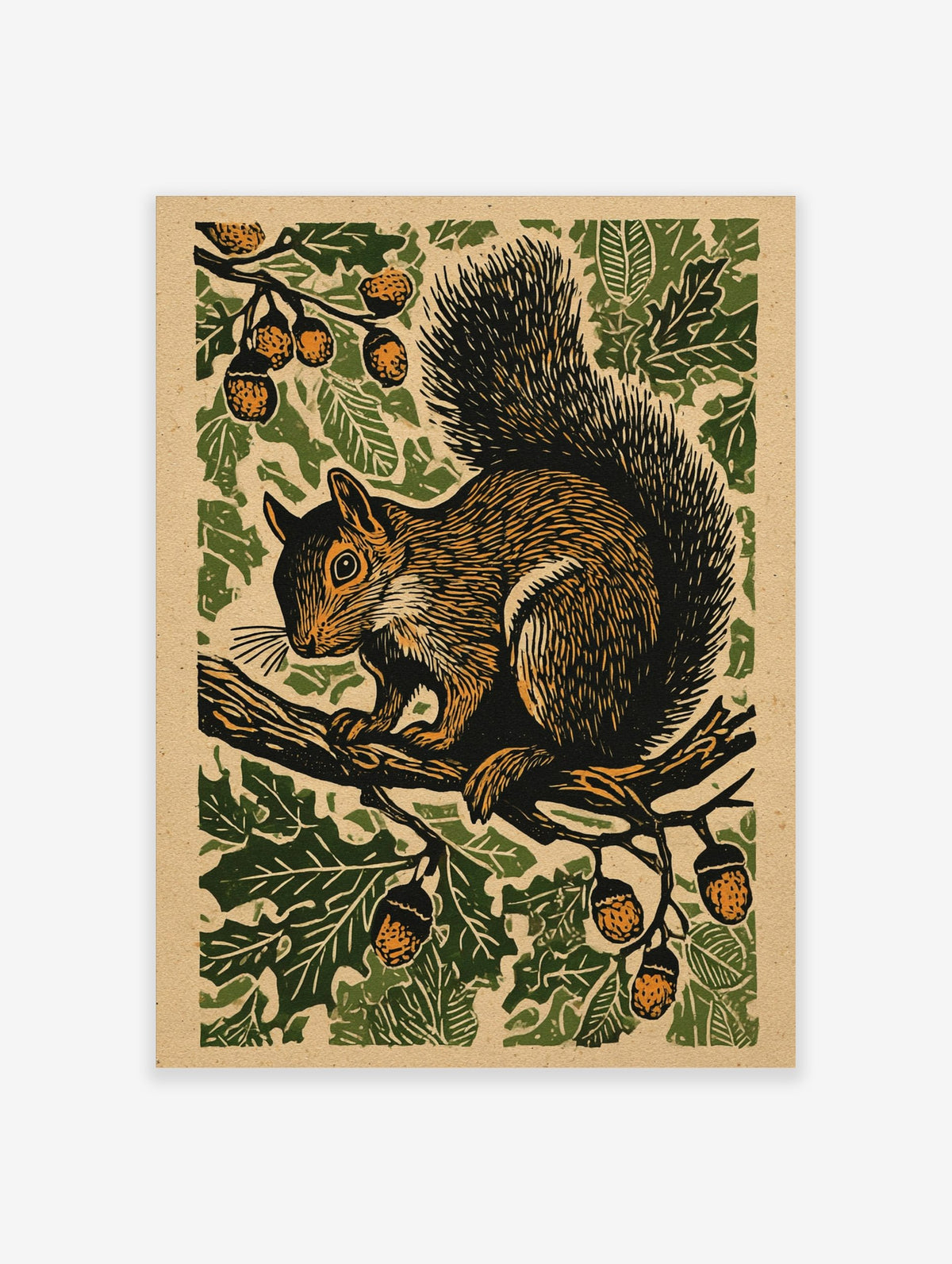 Illustrative woodcut-style print of a brown squirrel on an oak branch with green leaves and orange acorns