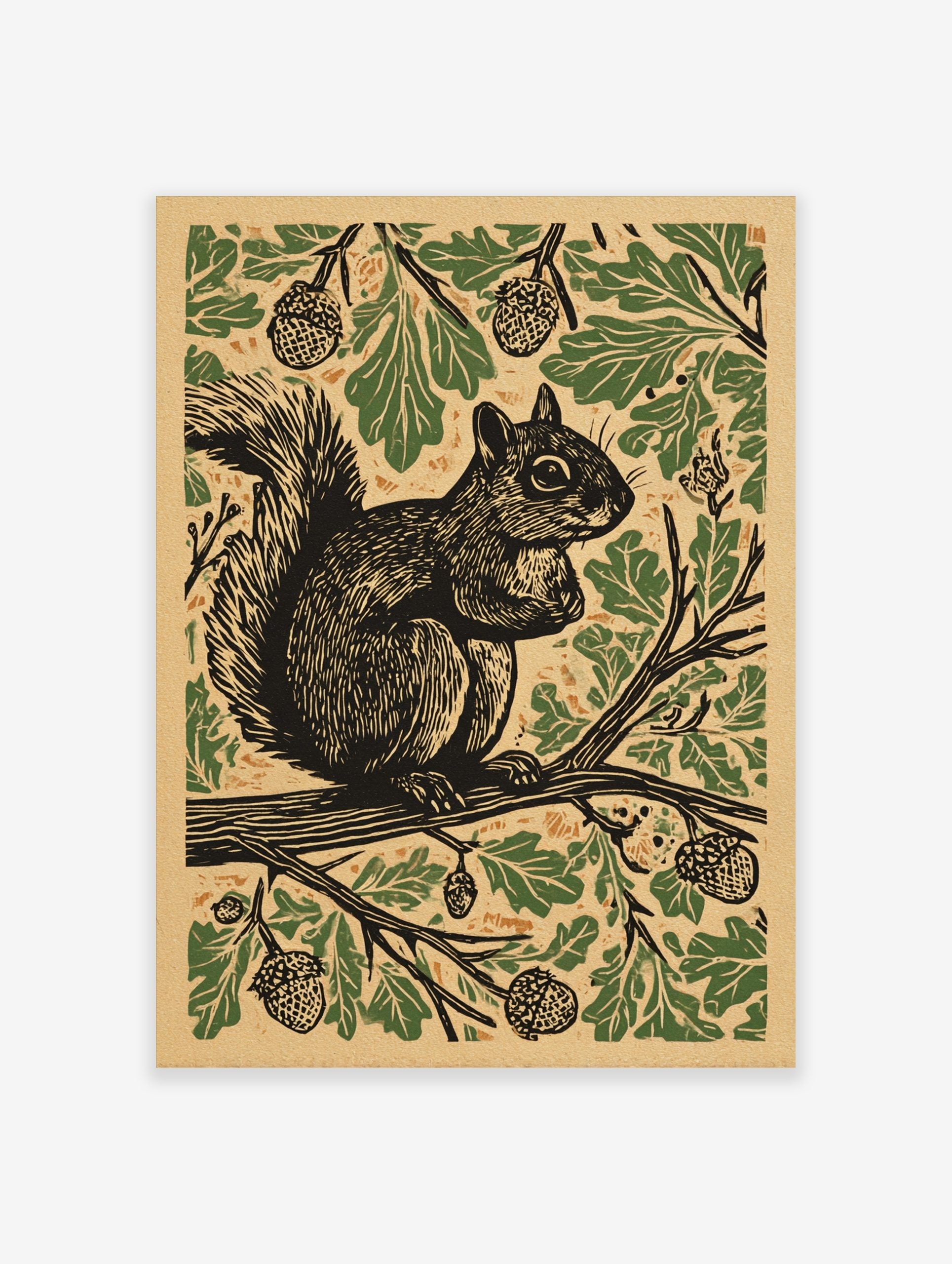 Linocut style print of a squirrel on an oak branch with green leaves and acorns on a beige background