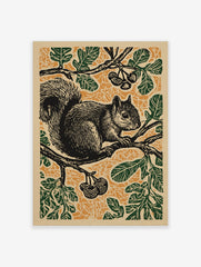Black squirrel on a tree branch with green leaves and orange patterned background in linocut style