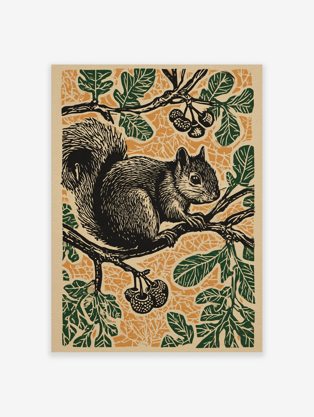 Linocut style print of a black squirrel on a tree branch with green leaves and berries against an orange background