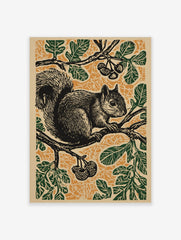 Linocut style print of a black squirrel on a tree branch with green leaves and berries against an orange background