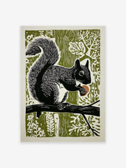 Black and white linocut art print of a squirrel holding an acorn on a branch against an olive green forest background.