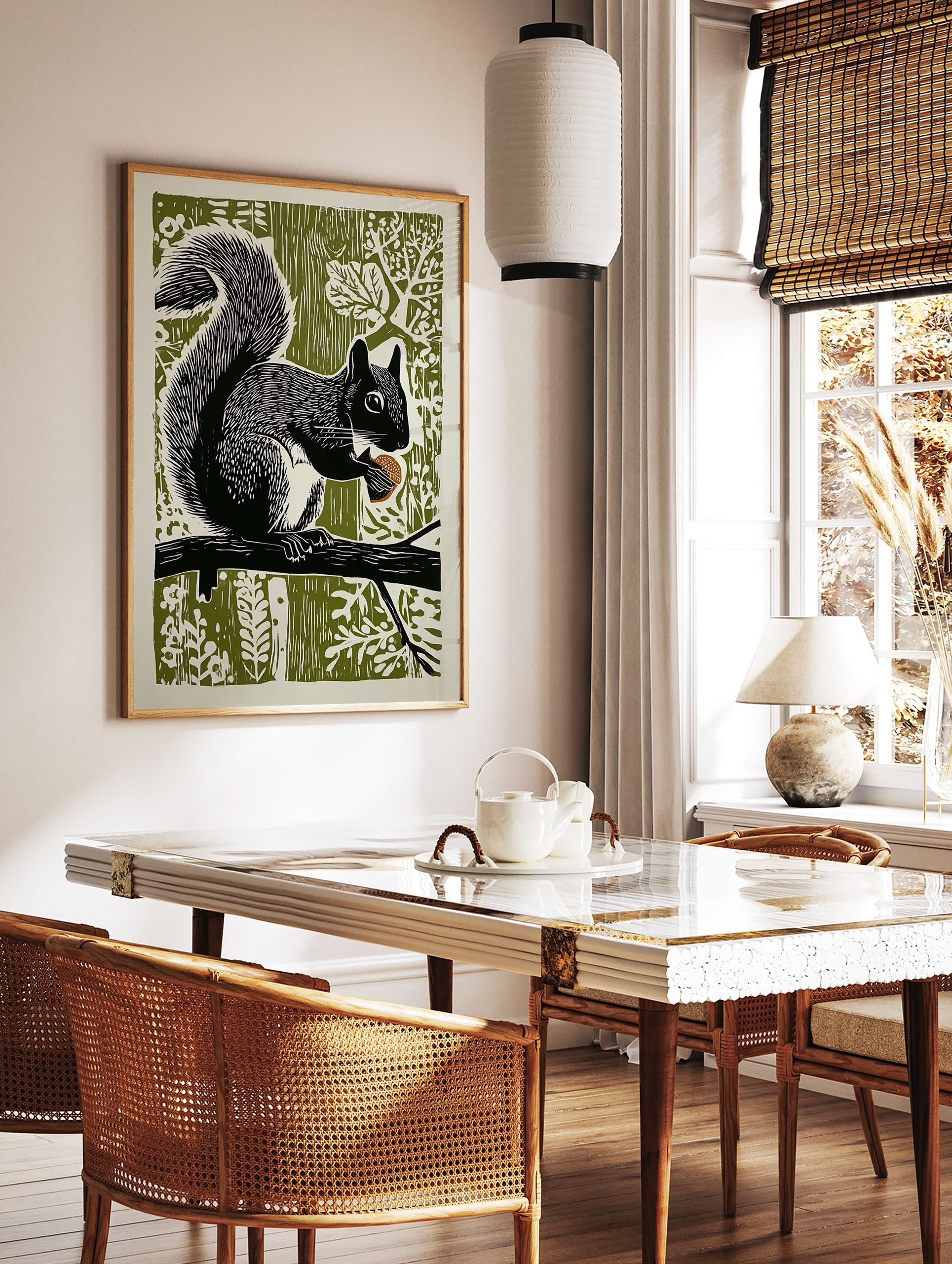 Black and white linocut art print of a squirrel holding an acorn on a branch against an olive green forest background. - Image 3