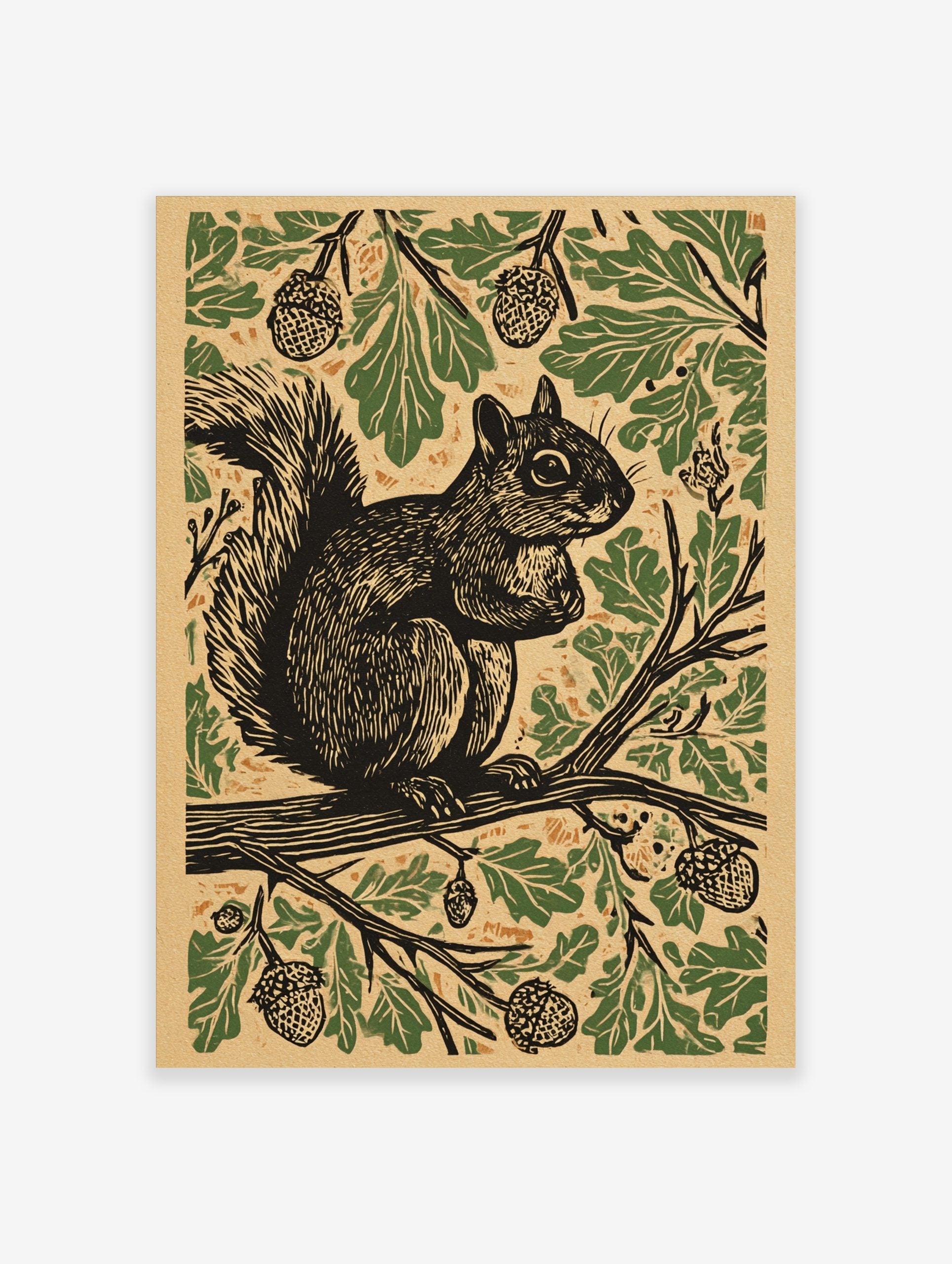 Woodcut style print of a squirrel on an oak branch, surrounded by green leaves and acorns on a beige background