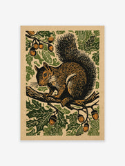 Woodcut-style print of a squirrel on an oak branch with green leaves and orange acorns