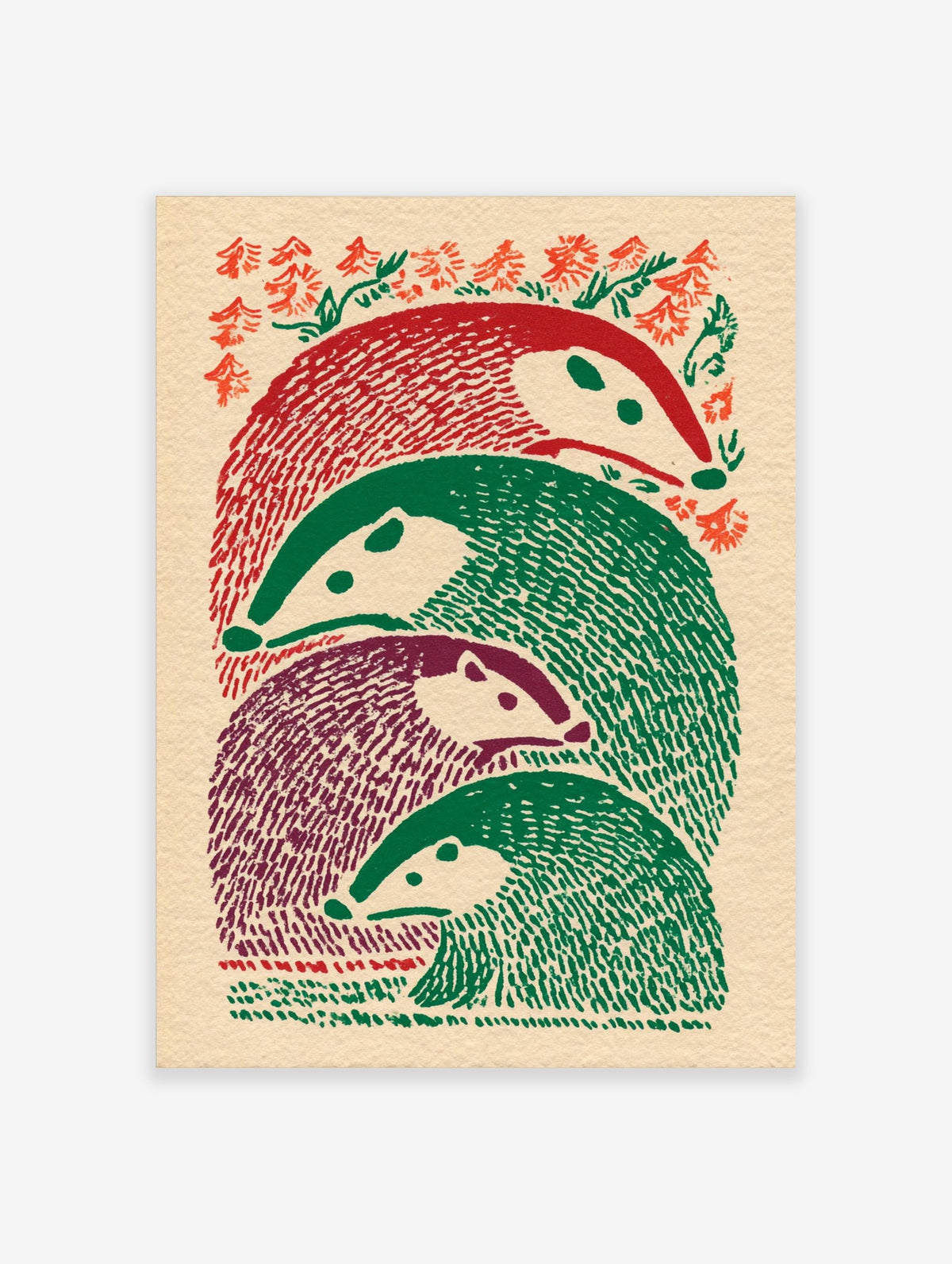 Illustrative print of four stacked badger-like animals in red, green, and purple, with foliage