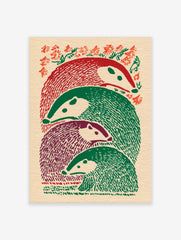 Illustrative print of four stacked badger-like animals in red, green, and purple, with foliage
