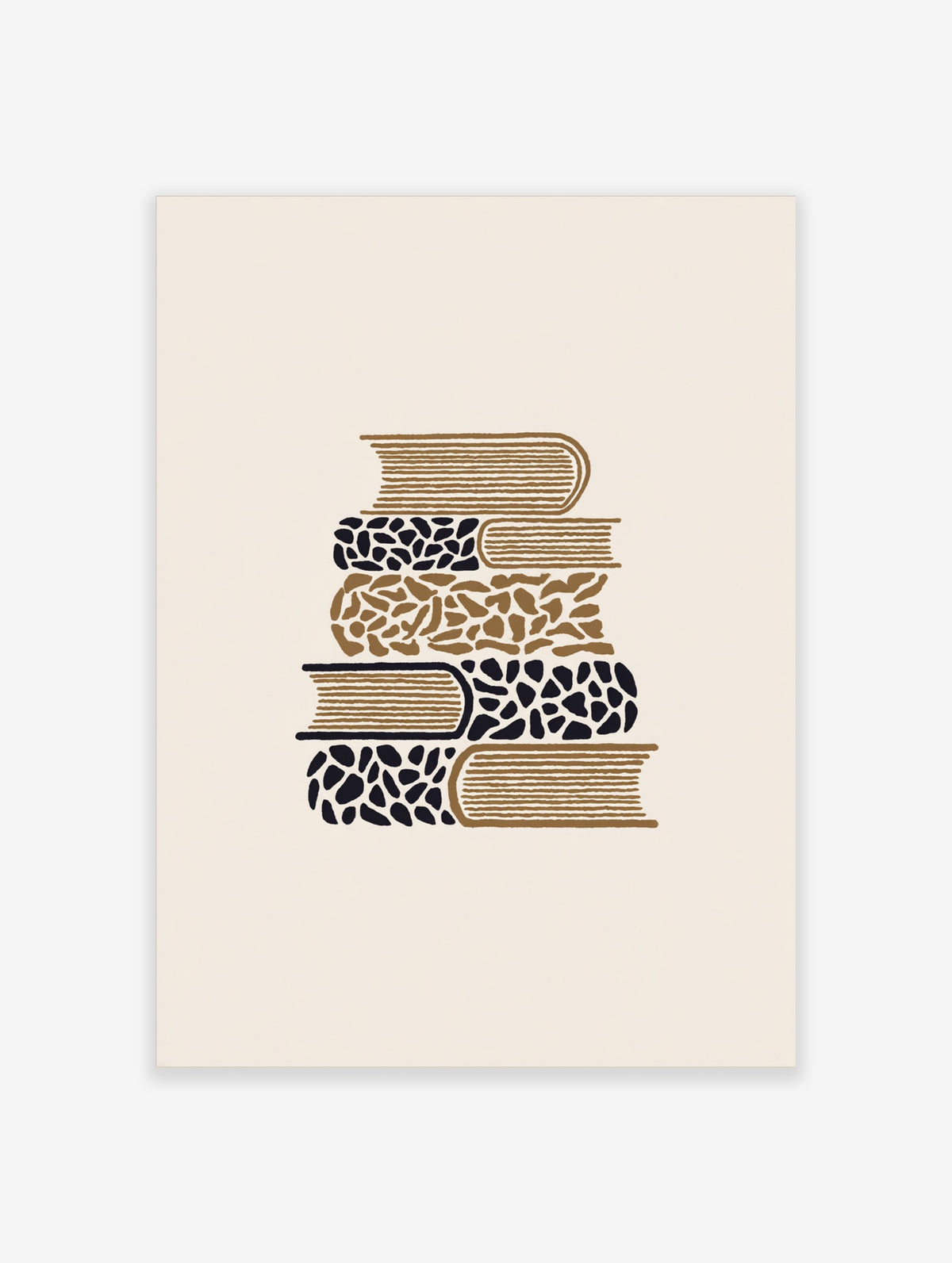 Stacked books wall art print with five patterned spines in tan, black and white on a plain background