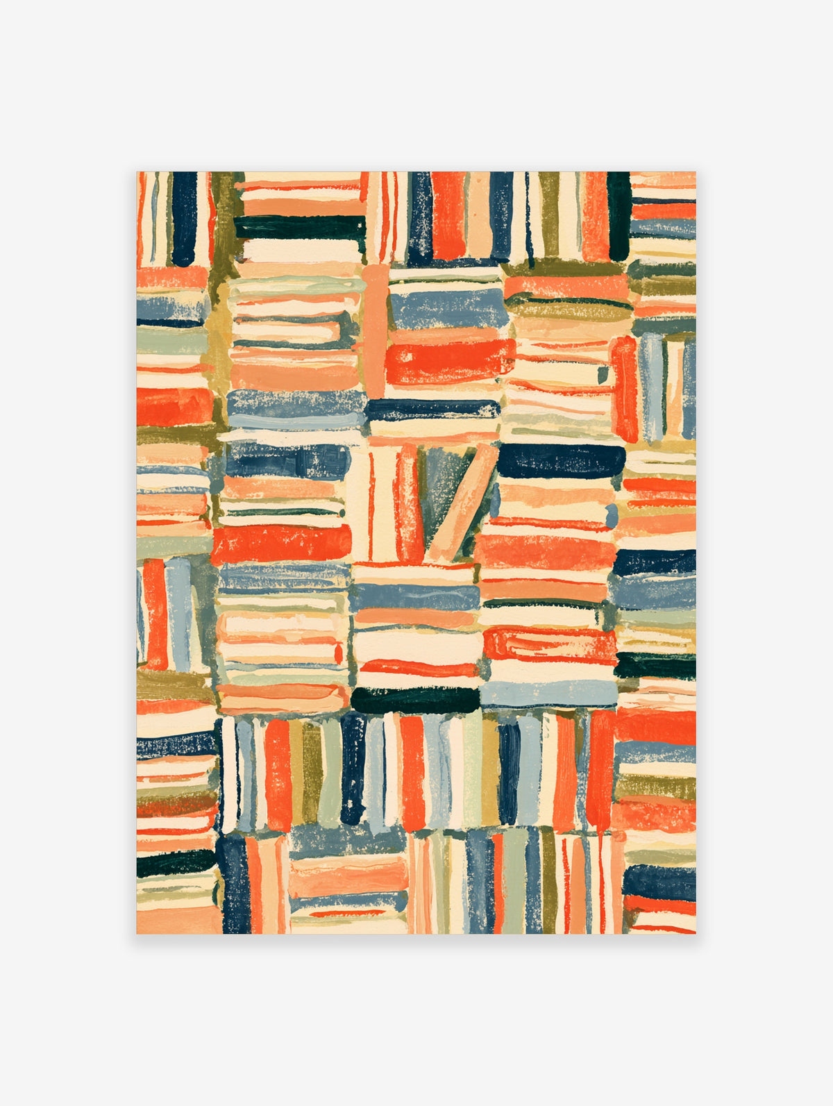 Colourful stacked books art print with red, blue, and cream spines in a painterly style