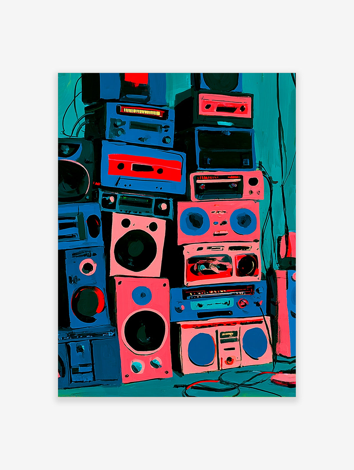 Stack of retro boomboxes and speakers in pink, blue, and teal with cassette decks and wires, wall art print