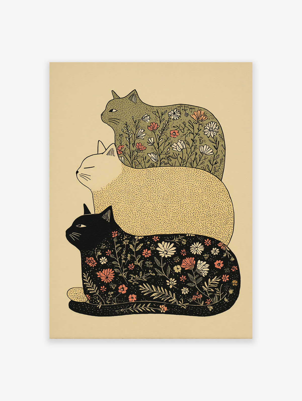 Stacked cat wall art featuring three illustrative cats, two with floral botanical patterns and one solid beige, on a light background.