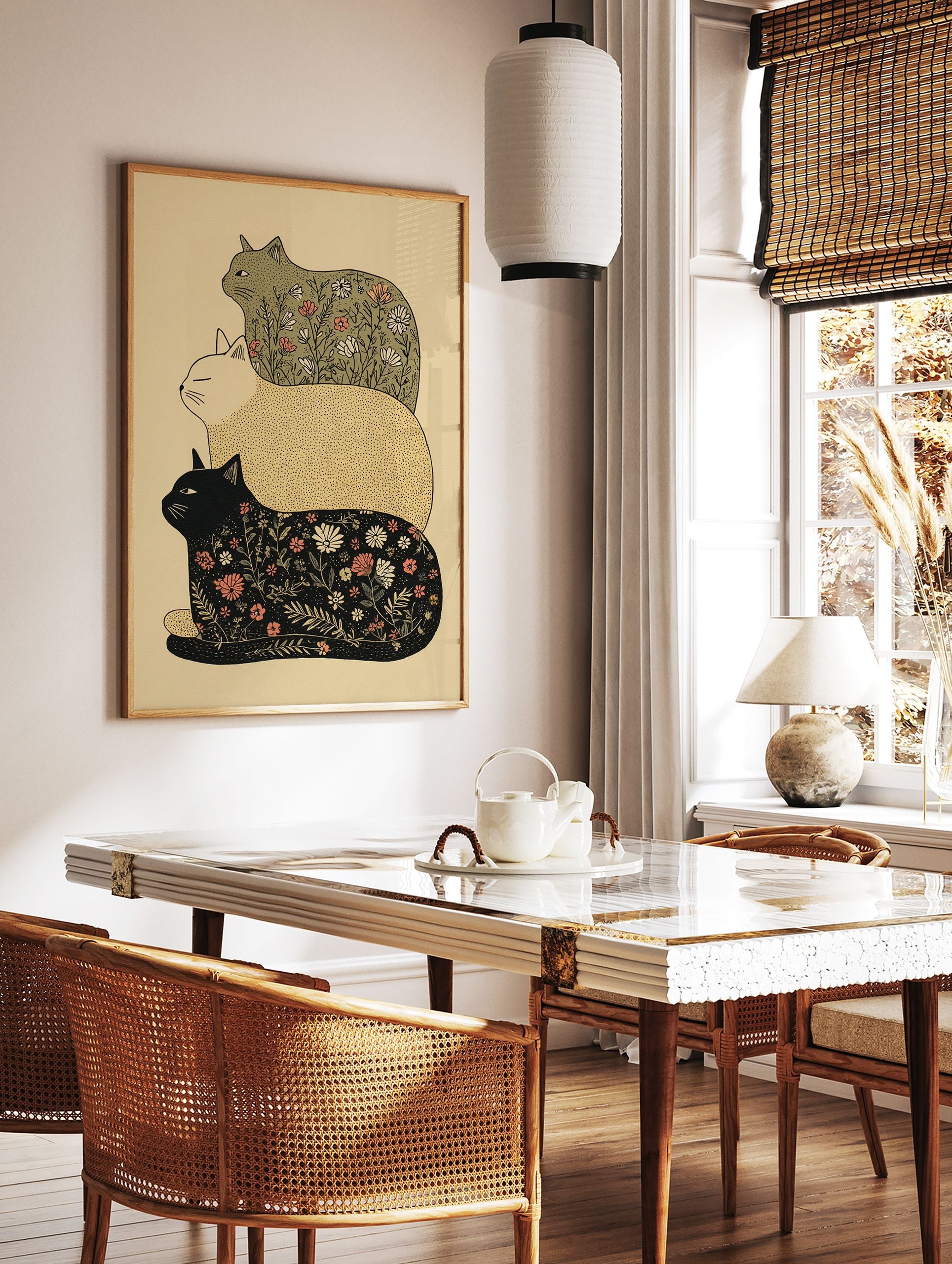 Stacked cat wall art featuring three illustrative cats, two with floral botanical patterns and one solid beige, on a light background. - Image 2