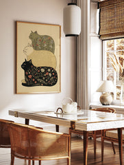 Stacked cat wall art featuring three illustrative cats, two with floral botanical patterns and one solid beige, on a light background. - Image 2