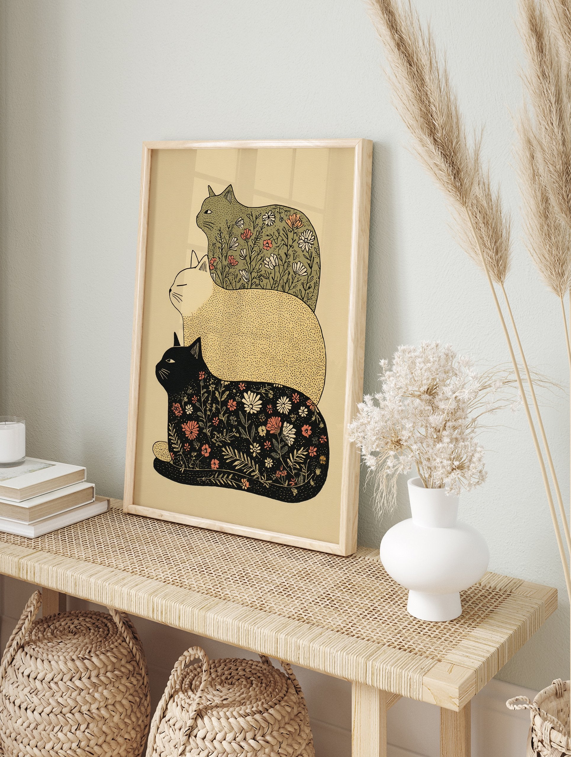 Stacked cat wall art featuring three illustrative cats, two with floral botanical patterns and one solid beige, on a light background. - Image 3