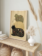 Stacked cat wall art featuring three illustrative cats, two with floral botanical patterns and one solid beige, on a light background. - Image 3