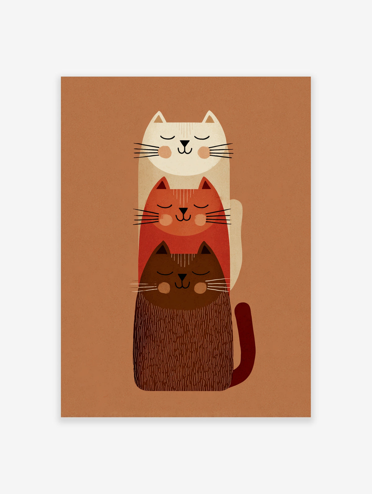 Stacked cats art print with three sleeping felines in cream, orange and brown on a tan background