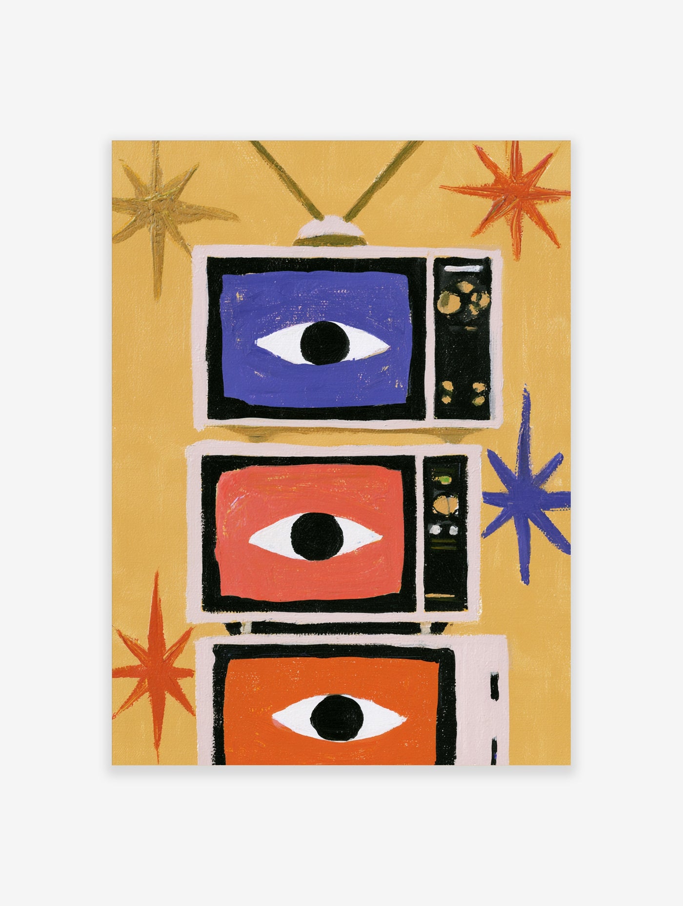 Retro illustration of three stacked televisions with eye motifs on a yellow background, illustrative wall art print
