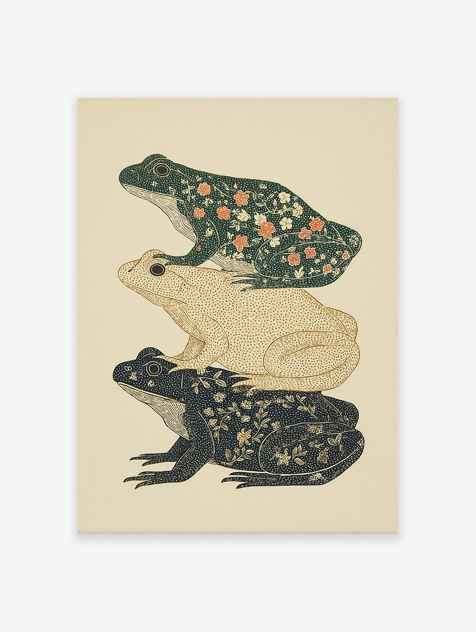 Illustrative art print showing three stacked frogs with floral patterns in dark green, tan, and indigo colors on a light background.