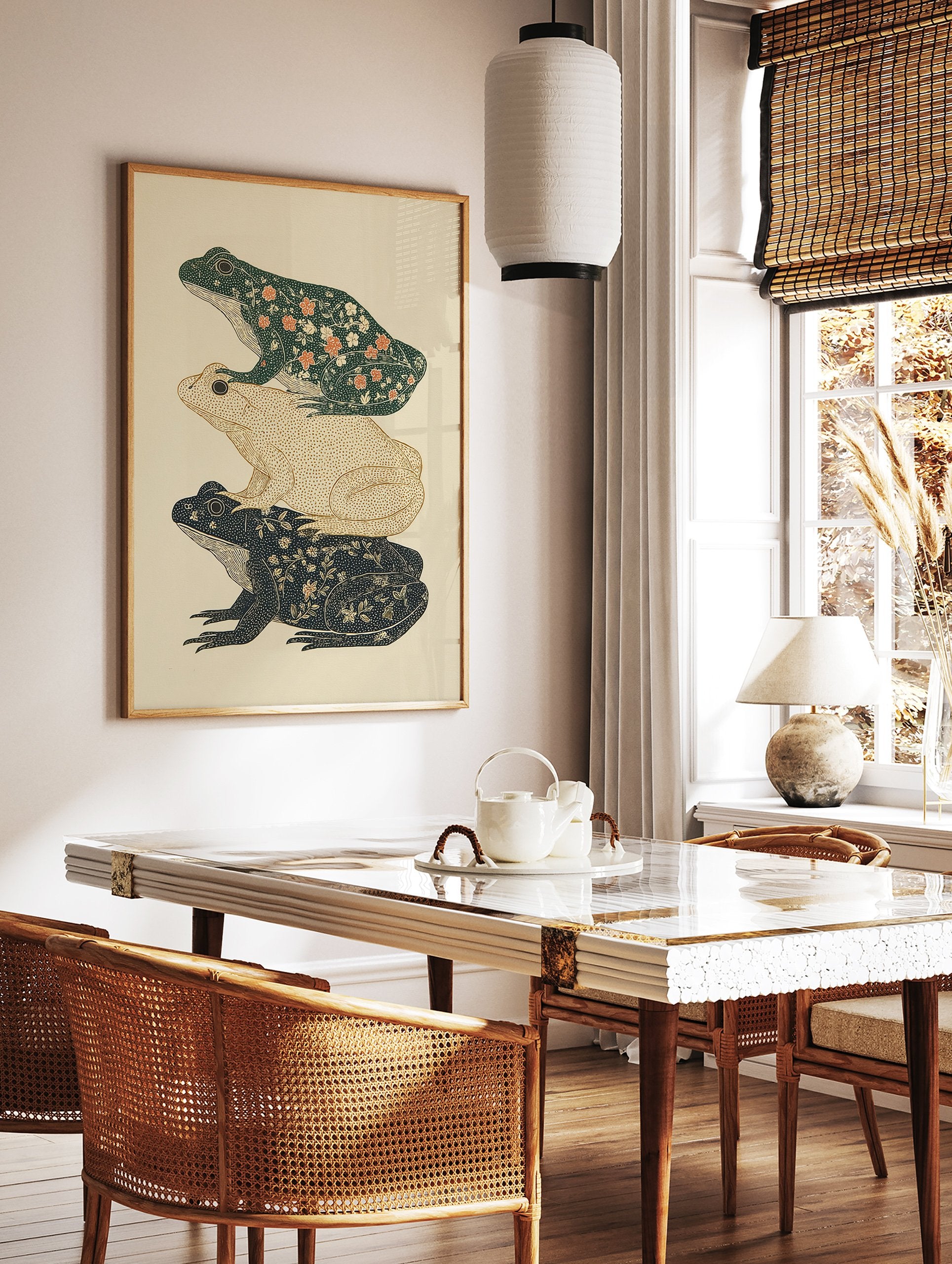 Illustrative art print showing three stacked frogs with floral patterns in dark green, tan, and indigo colors on a light background. - Image 2