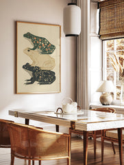 Illustrative art print showing three stacked frogs with floral patterns in dark green, tan, and indigo colors on a light background. - Image 2