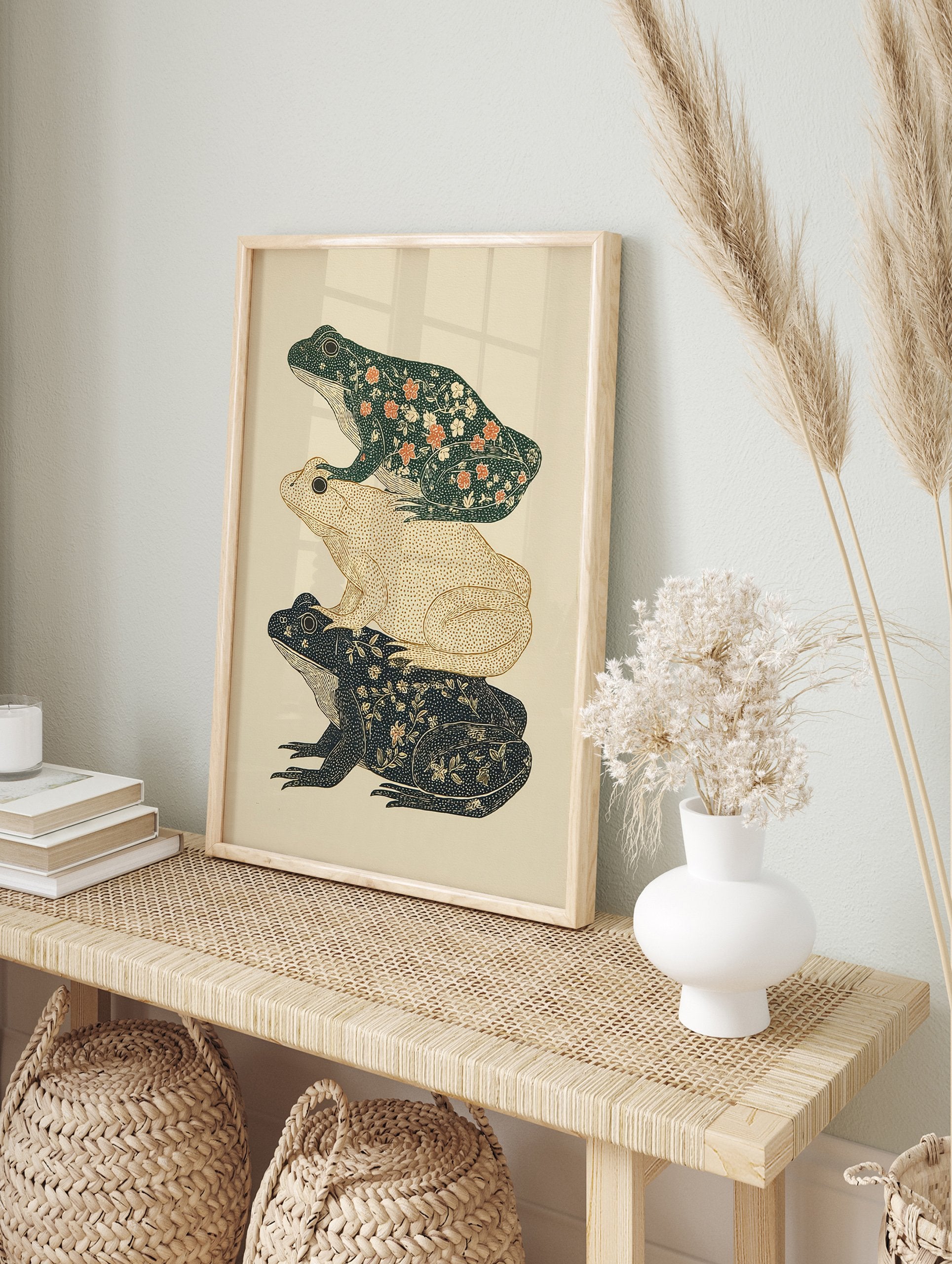 Illustrative art print showing three stacked frogs with floral patterns in dark green, tan, and indigo colors on a light background. - Image 3