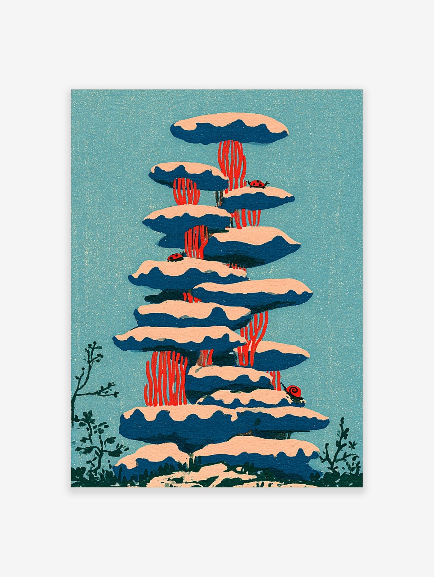 Stacked mushrooms with red stems and blue caps, ladybird and snail, teal background, illustration print
