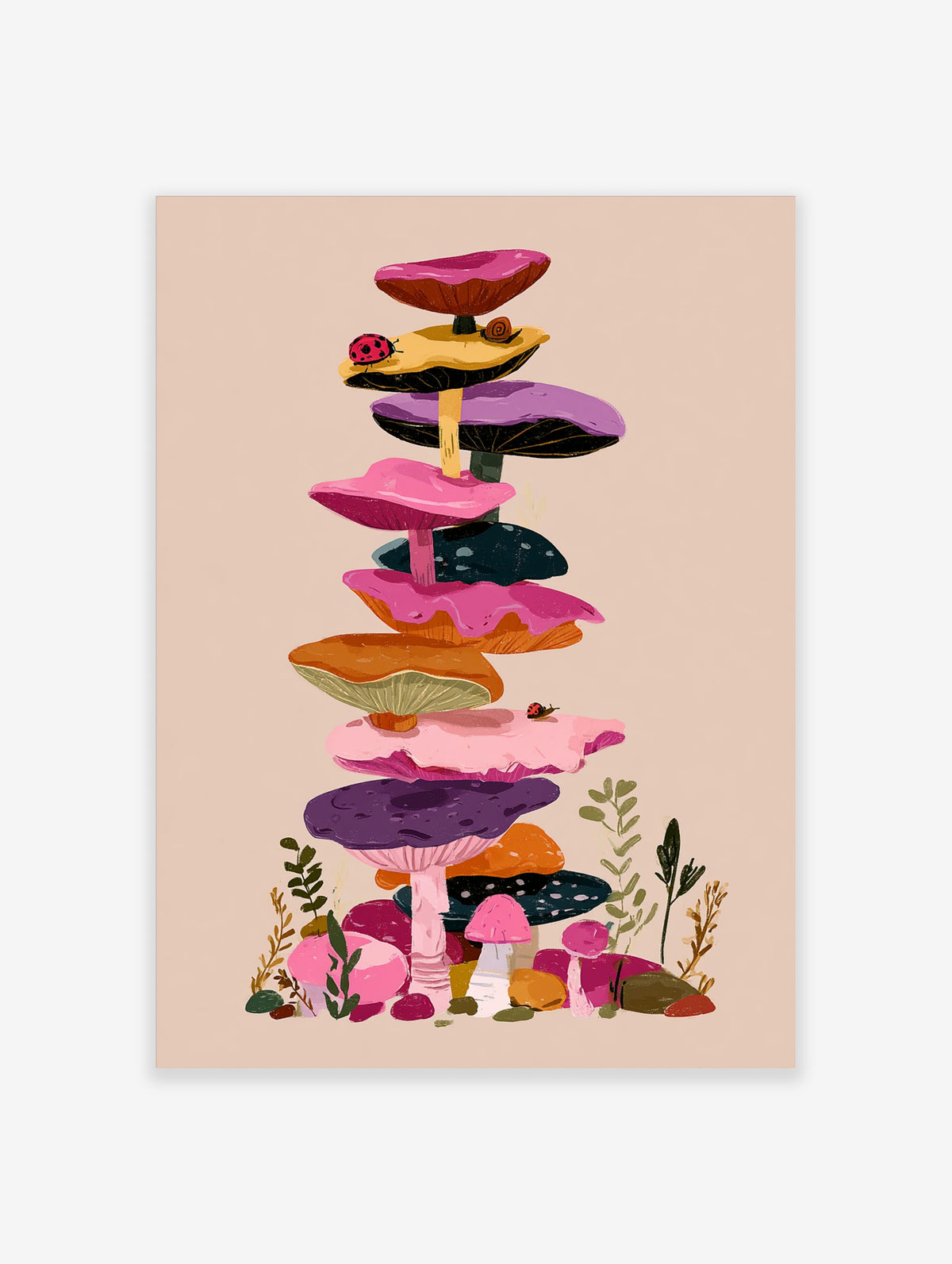 Colourful stacked mushrooms illustration with ladybirds and snail on beige background