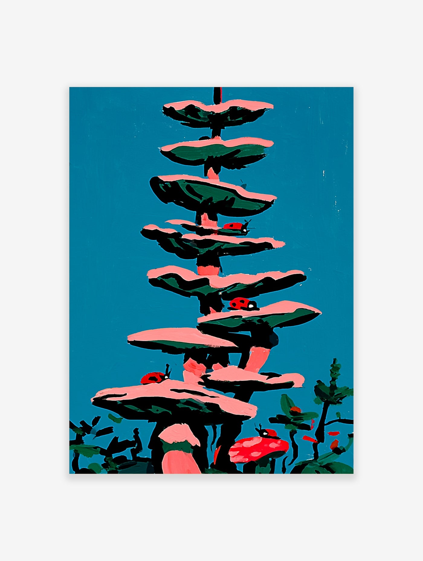 Stacked pink mushrooms with red ladybirds on teal background, stylised botanical illustration