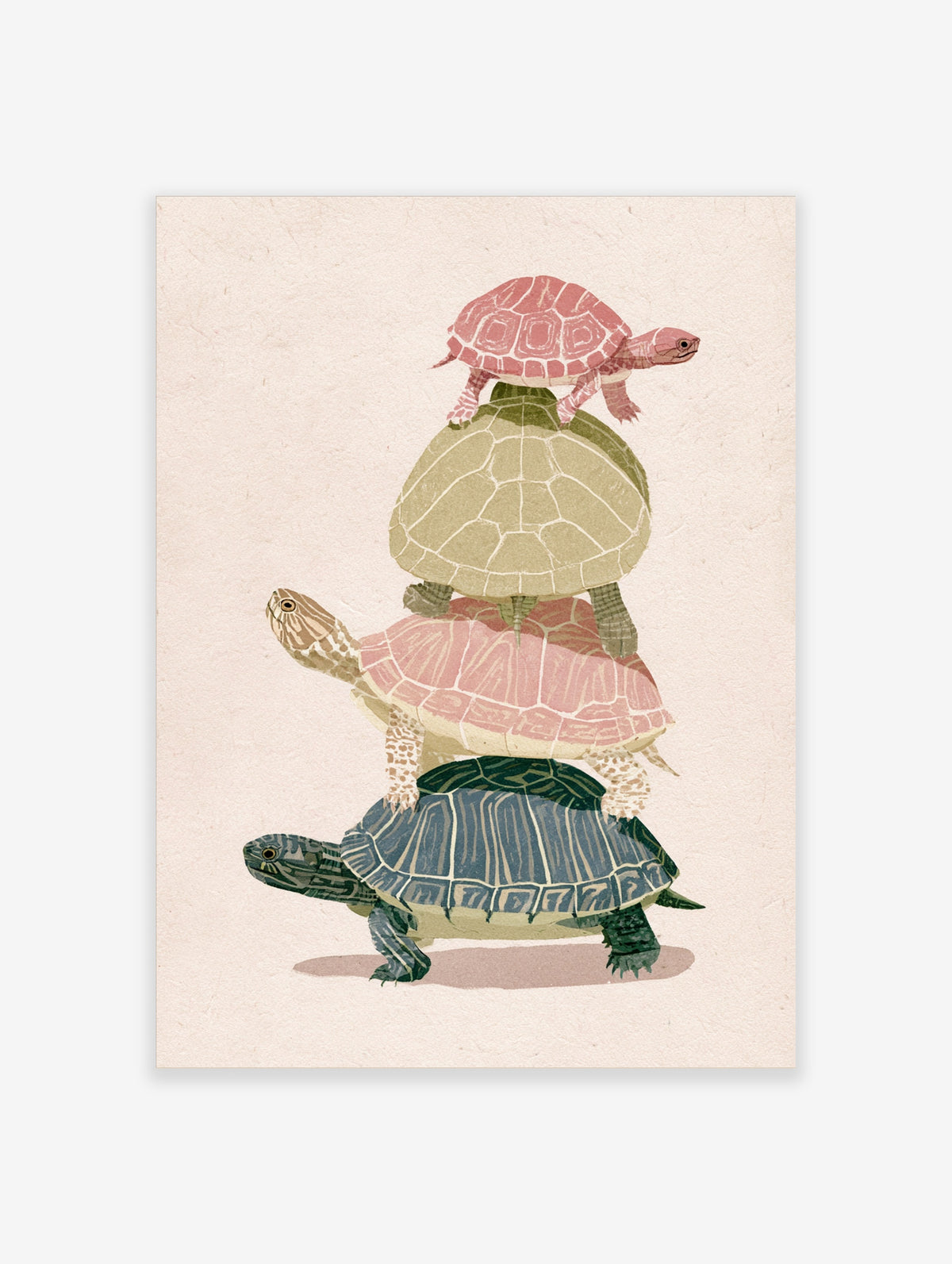 Stacked turtles wall art with pink, green, and blue turtles on cream background