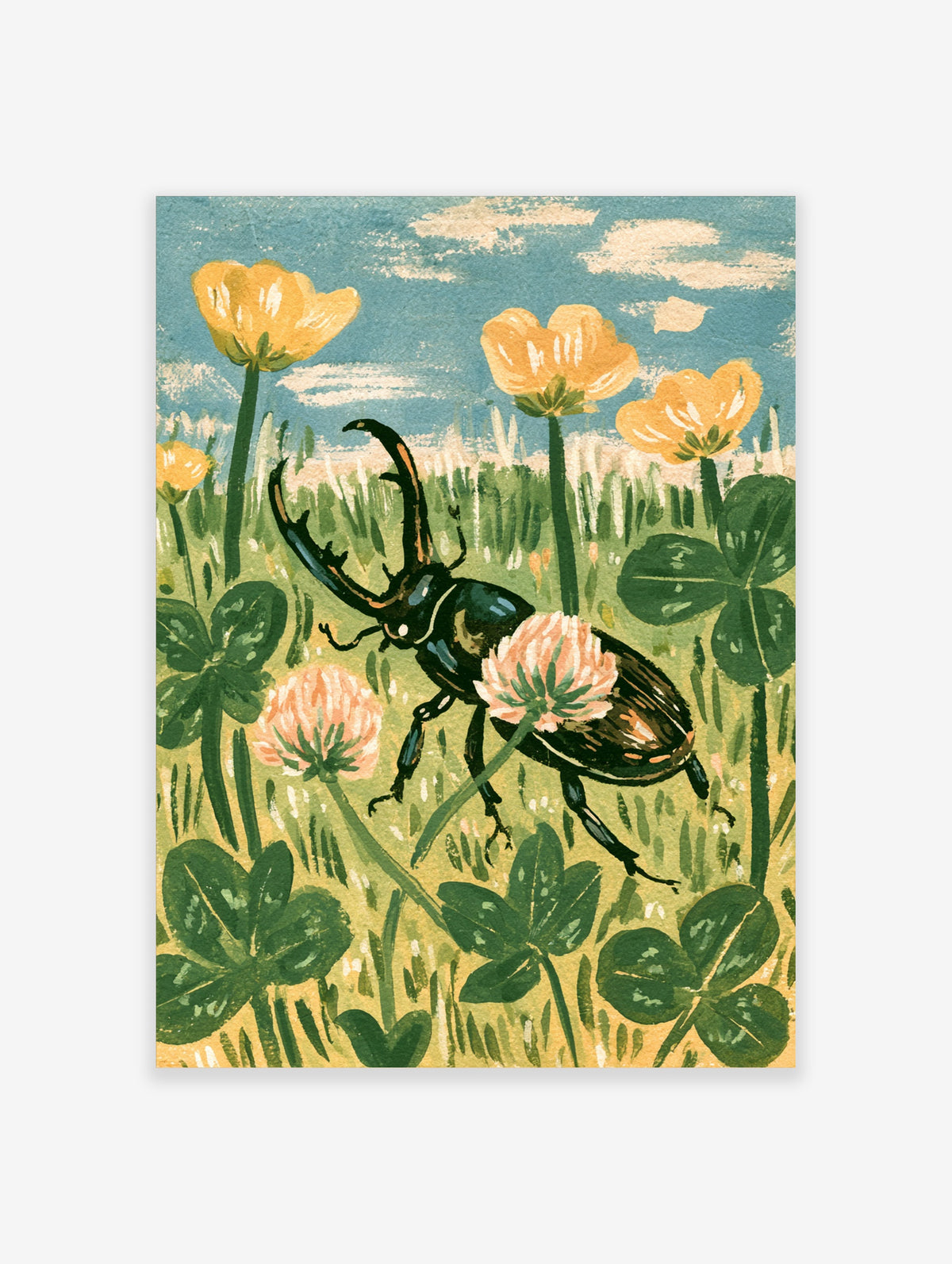 Stag beetle on pink clover with yellow buttercups and blue sky art print