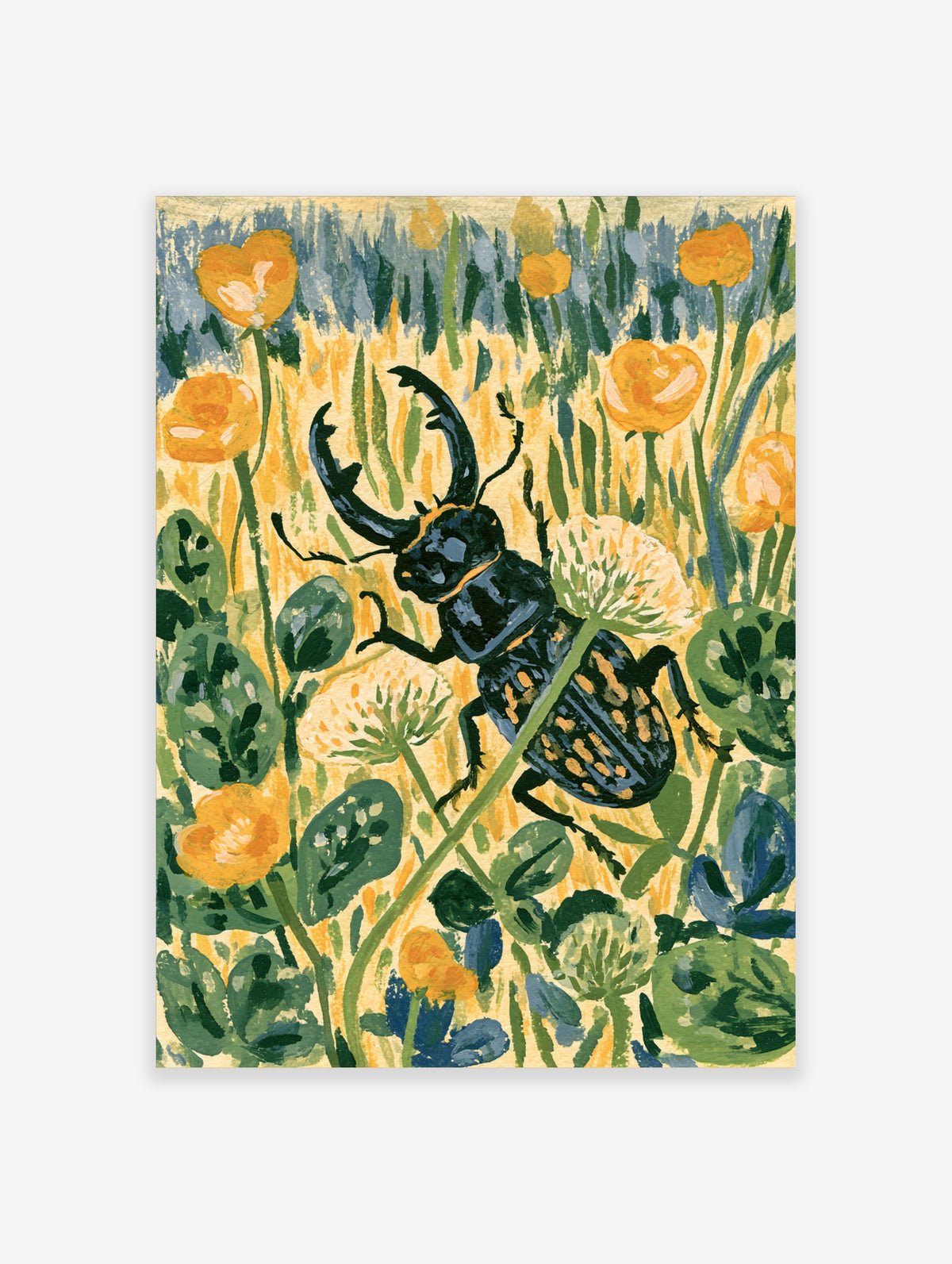 Stag beetle art print with black insect, yellow poppies and green leaves in a meadow
