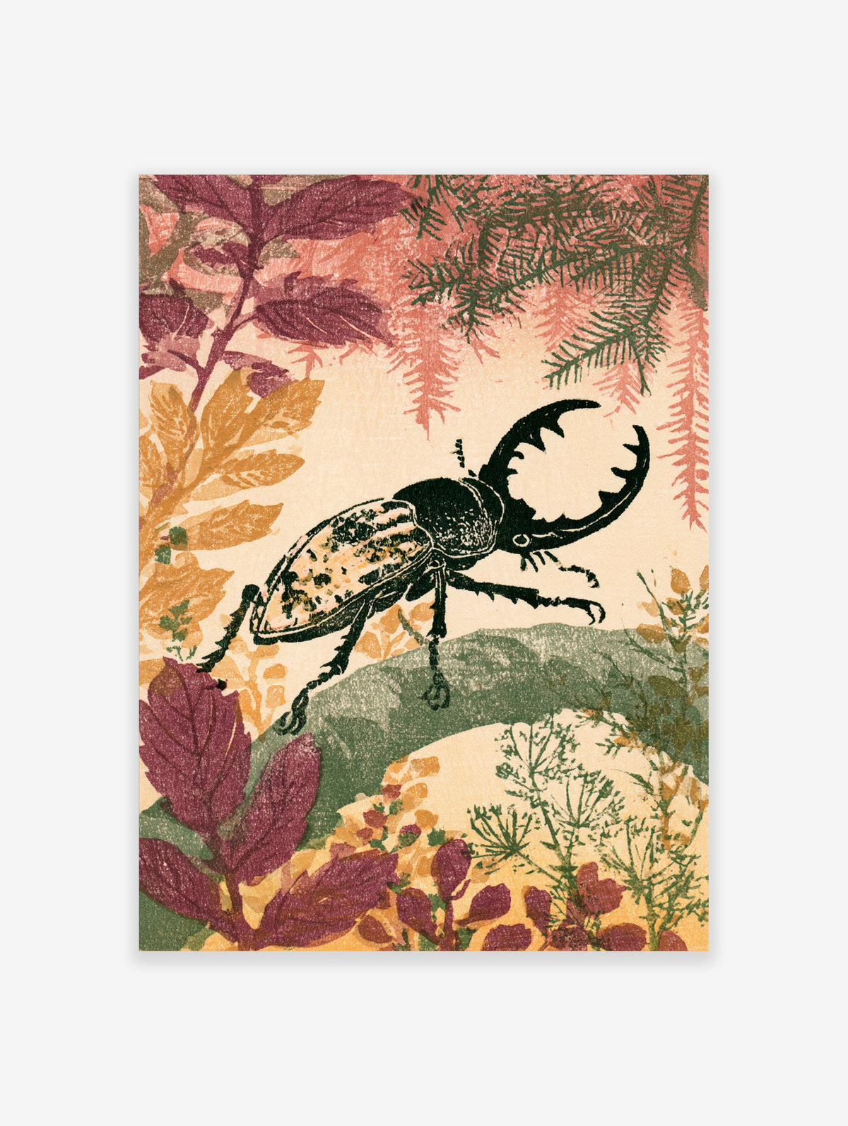 Stag beetle vintage insect art print with plum, mustard and green leaves on cream background