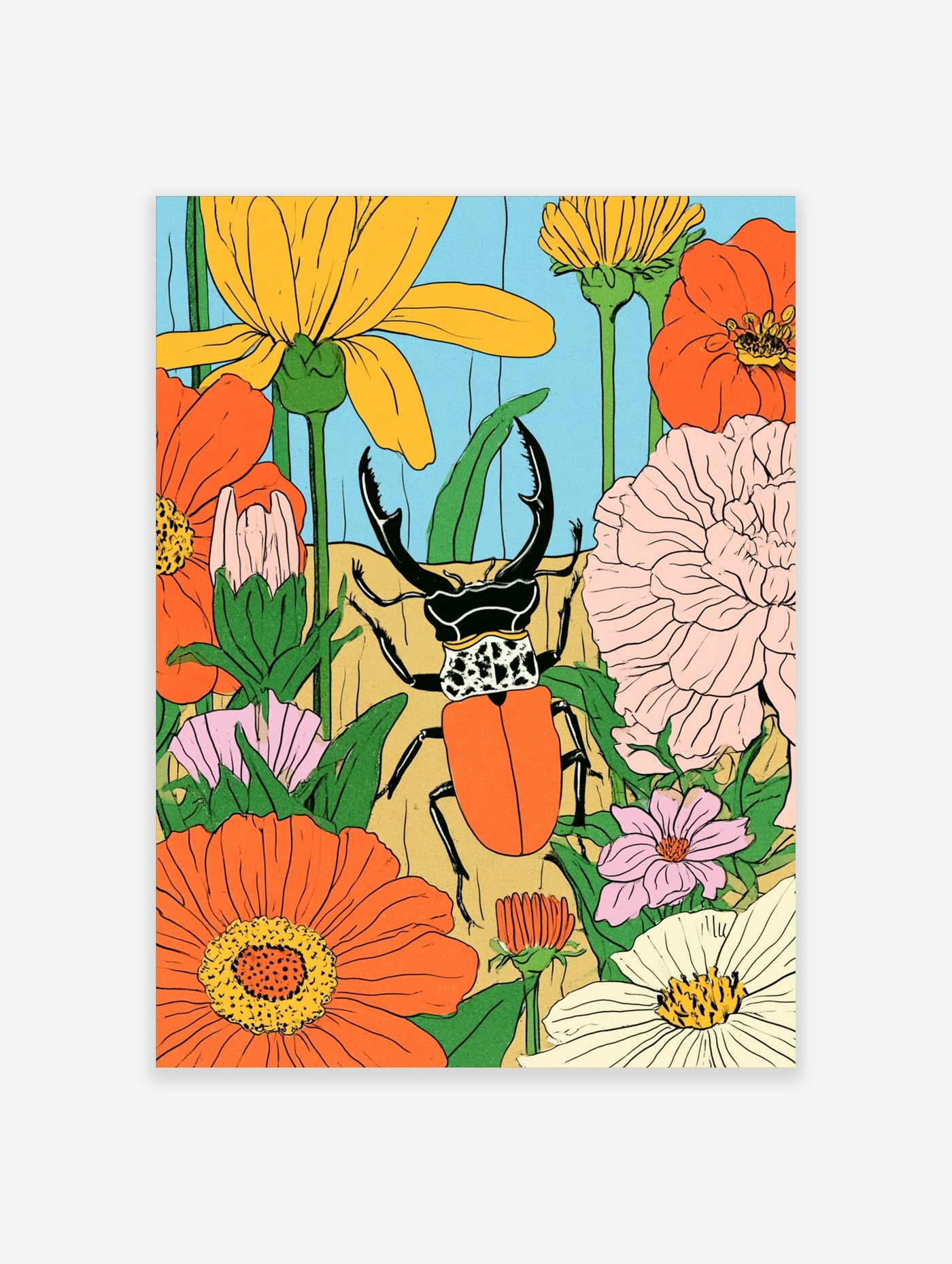 Stag beetle illustration surrounded by vibrant orange, yellow, and pink botanical flowers on a blue background