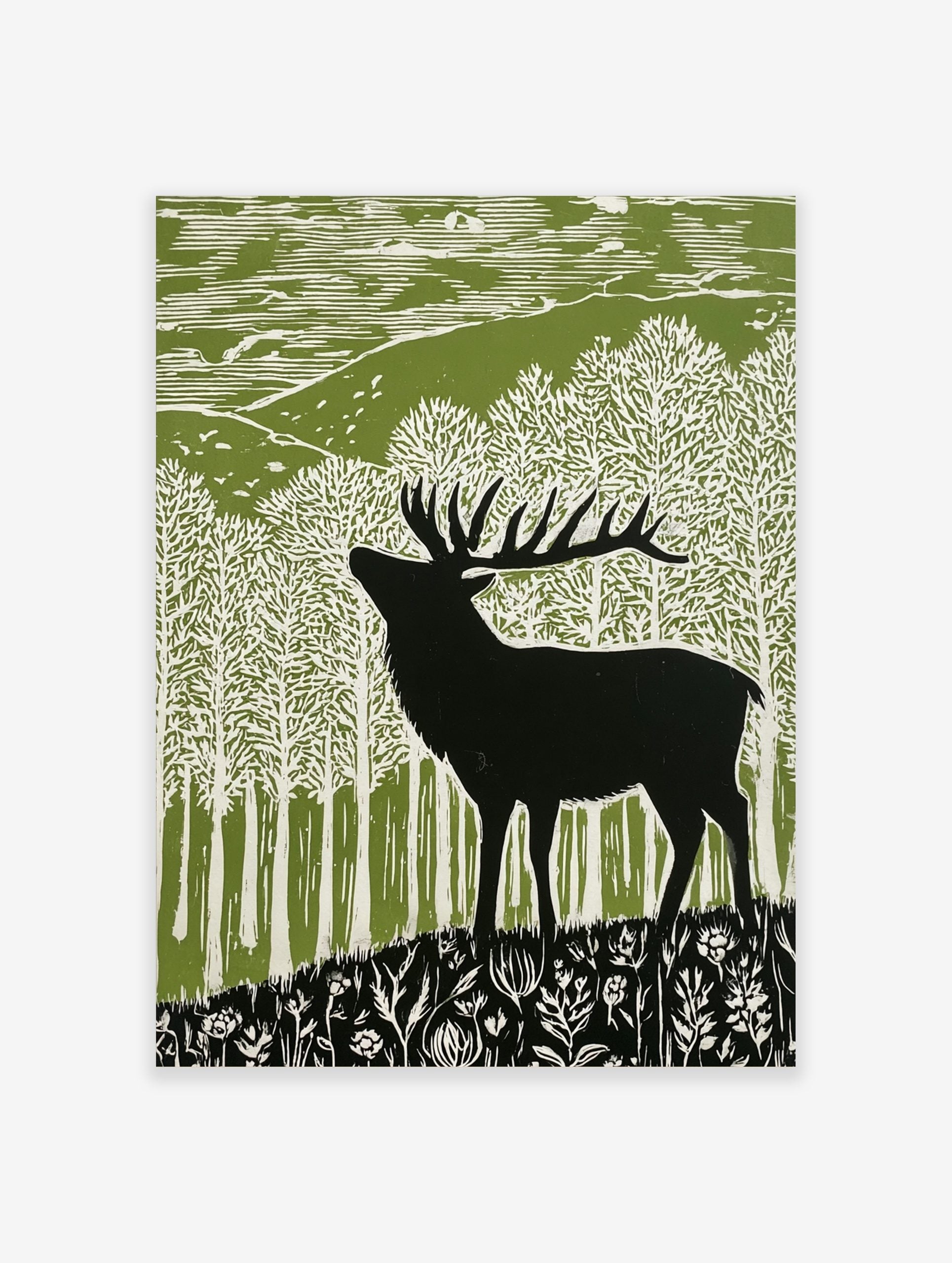 Lino cut style art print of a black stag deer in a green and white forest with hills and wildflowers
