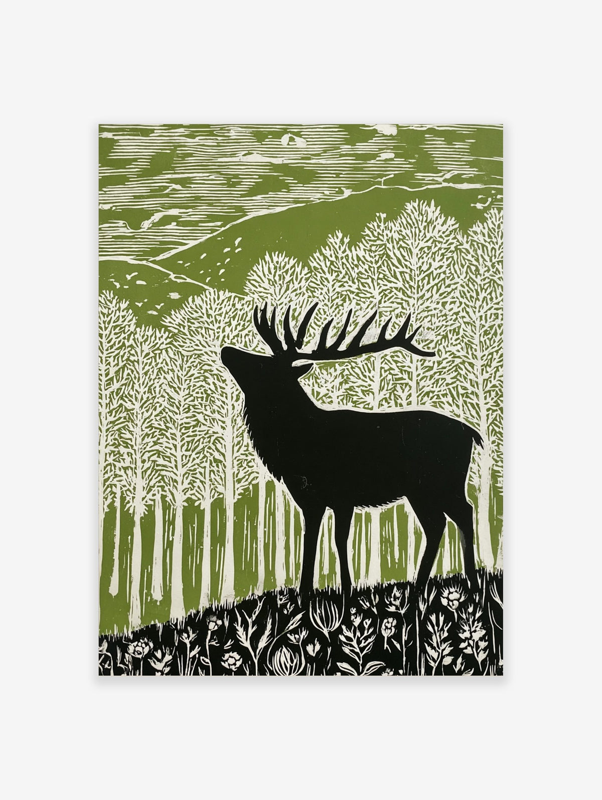 Lino cut style art print of a black stag deer in a green and white forest with hills and wildflowers