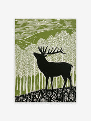 Lino cut style art print of a black stag deer in a green and white forest with hills and wildflowers